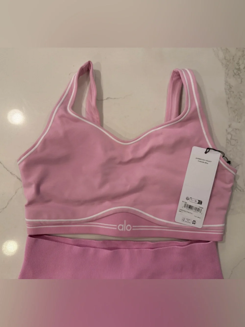 Alo Pink Ribbed Sports Bra & Bike Shorts Set and Candy heart pink - Picture 2 of 4